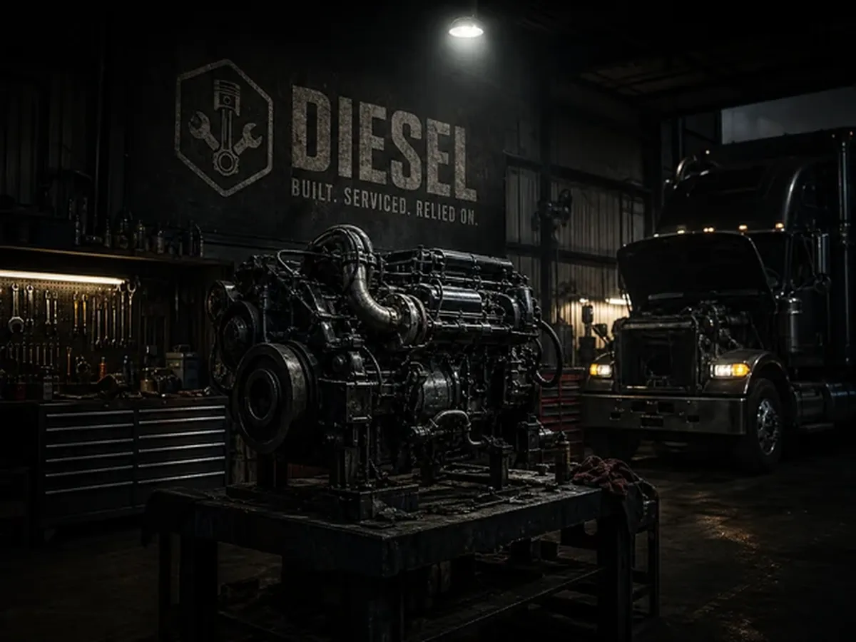 Dieselmotor und Diagnosegerät in Werkstattumgebung